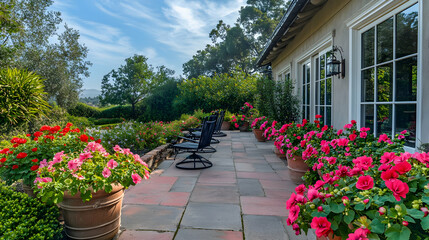 Obraz premium Stunning Garden Patio with Vibrant Flowers and Relaxing Seating Area