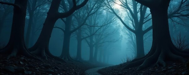 Dark, misty forest; gnarled trees, spooky Halloween vibe, halloween, forest