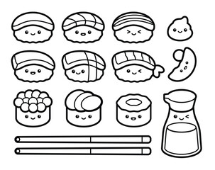 Cute Sushi and Japanese Food Outline Vector Set Kawaii Sushi Characters Clipart 