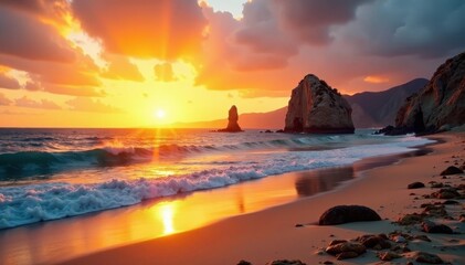 Golden sunrise paints San Jose del Cabo beach, Baja California Sur, Mexico , palm trees, serene
