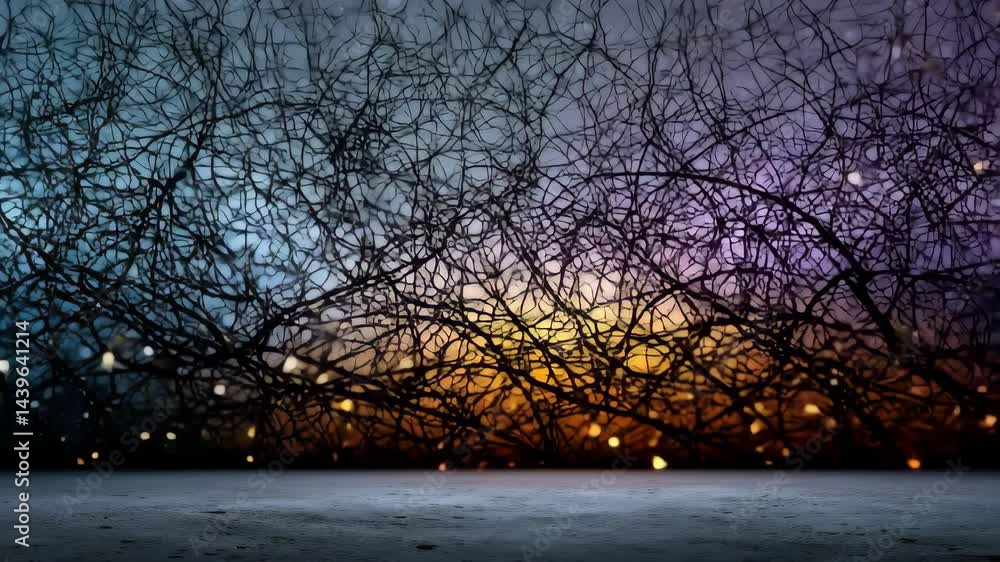 Poster colorful abstract background with intertwining lines and a glowing horizon at dusk