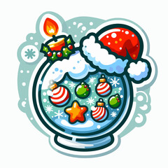 Charming illustration of a snow globe filled with festive holiday ornaments, a candle, and a santa hat.  It is perfect for christmas designs.
