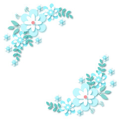 Paper cut out style pastel blue flowers with copy space. Abstract floral with blank background in the center