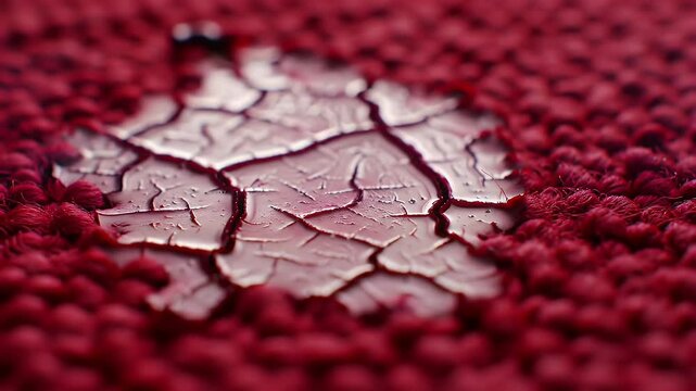 Dried Blood Stain on Red Carpet with Crack Patterns Close Up Macro View Crime Scene Investigation Forensics