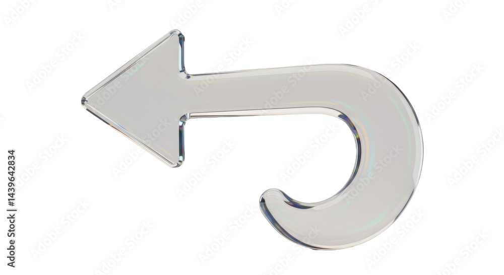 Poster isolated translucent glass arrow curving back signifying return or undo