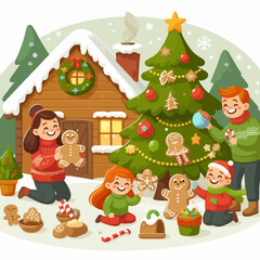 Naklejka premium Family is having fun decorating a Christmas tree and making gingerbread cookies near a cozy wooden cabin.