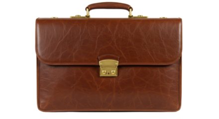 Isolated Classic Brown Leather Briefcase with Brass Hardware for Professional Use