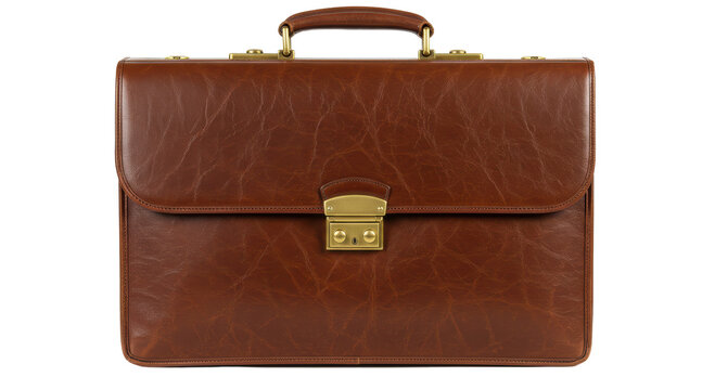 Isolated Classic Brown Leather Briefcase with Brass Hardware for Professional Use