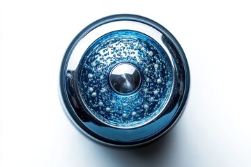 Close-up view of a round, metallic object filled with blue liquid and bubbles at a well-lit setting