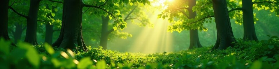 Fototapeta premium Vibrant emerald canopy bathed in morning's glow , ray, spring