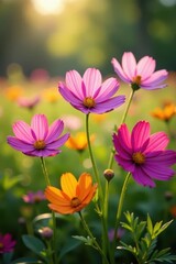 Obraz premium Vibrant cosmos flowers bloom in a spring meadow, showcasing diverse colors , color, pastel