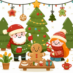 Fototapeta premium Smiling children and adults in winter clothing decorate Christmas trees and enjoy holiday treats around a table.