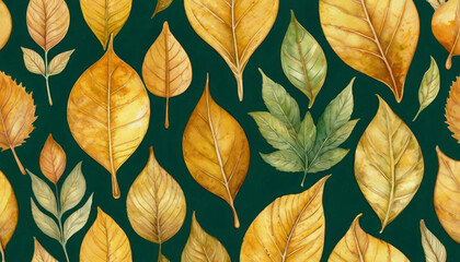 Obraz premium Pattern with bright golden leaves on a green background. Watercolor illustration.