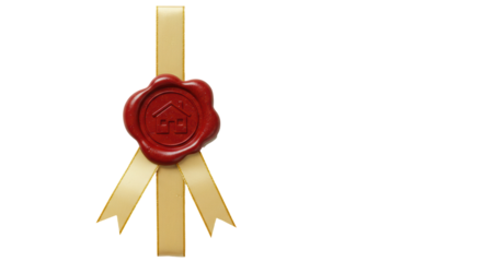 Isolated Wax Seal with House Icon and Gold Ribbon