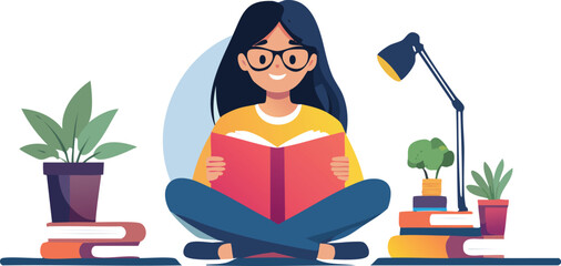 young woman with glassed reading a book