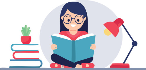 young woman with glassed reading a book