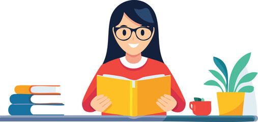 young woman with glassed reading a book