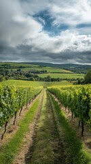 Fototapeta premium Explore the beauty of vineyards. Lush green rows stretch into the horizon under a dramatic sky. A peaceful escape in nature. Generative AI