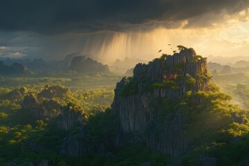 Mountainous landscape with golden light, rain, and lush greenery
