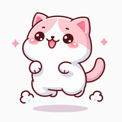 Digitally rendered, cheerful cartoon cat, in a playful stance, leaps in the air, with a bright pink and white design.
