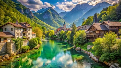 Fototapeta premium Serene River Village Nestled Amongst Majestic Mountains, Picturesque Homes Line Crystal Clear Water, Reflecting Vibrant Sky