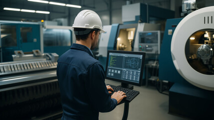Mechanical engineer in safety uniform wearing glasses inspecting industrial machinery operation in factory environment