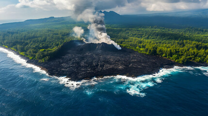Aerial view of volcanic eruption on a tropical island coast