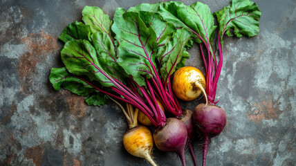Fresh golden and red beetroots with lush green leaves on a rustic background.
