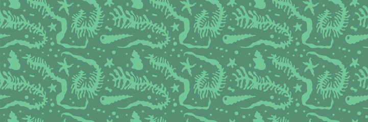 Vector seamless pattern in marine minimal naive art style — underwater ocean scene, vacation theme — hand draw illustrations of starfish, seaweed, shellfish for summer beach prints, surface design
