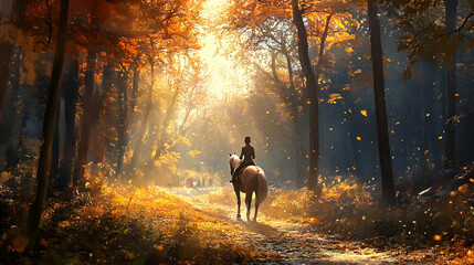 Autumn Horseback Ride: A Golden Forest Path