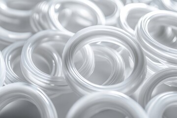 Clear elastic rings piled together creating an abstract texture display in bright light