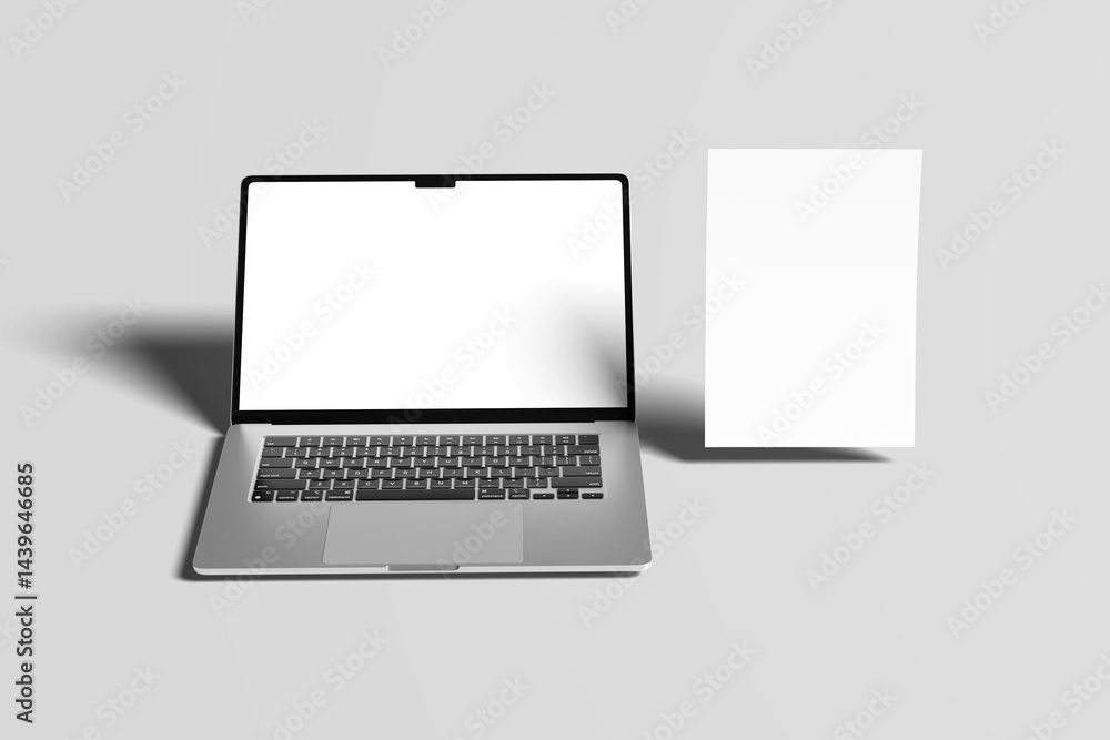 Poster mockup of laptop computer. front and side view with white and empty screen on transparent background