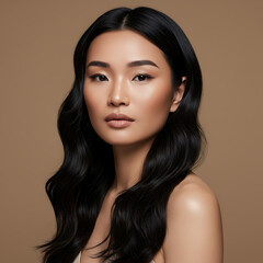 Fototapeta premium Stunning Portrait of a Young Woman with Long, Wavy Black Hair and Flawless Skin