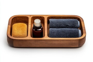 Wooden tray with towels and essential oil for a relaxing home spa setup