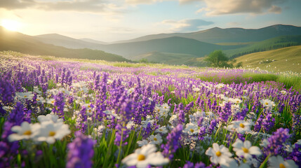 Lavender and Daisy Field at Sunset in the Mountains