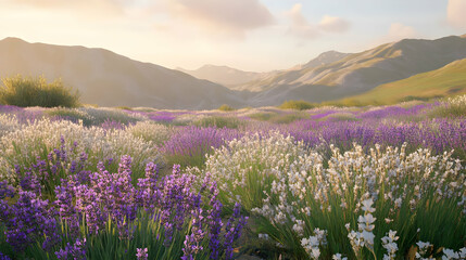 Lavender Fields at Sunset: A Serene Mountain Landscape