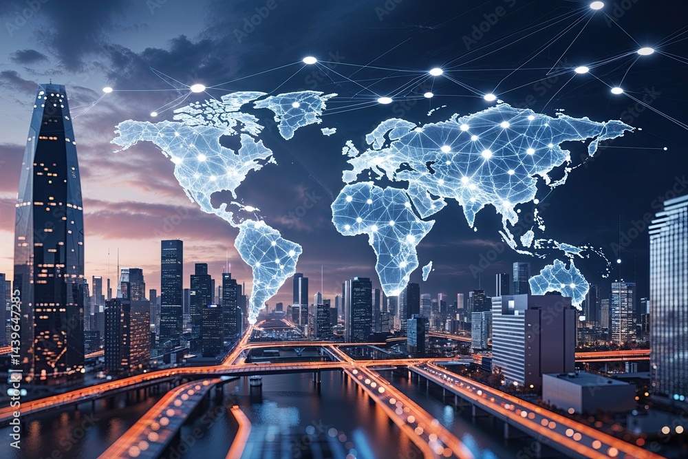Poster advanced smart city visualization showcasing global networks and future communication systems