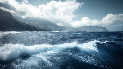 Fototapeta premium Majestic Ocean Waves Crashing Against Coastal Cliffs and Mountains