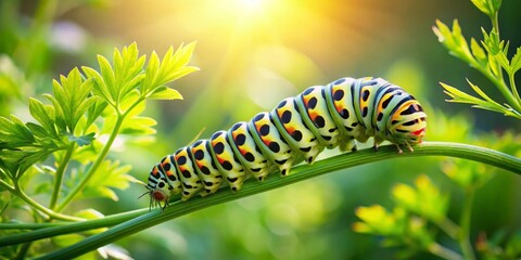 Vibrant caterpillar crawling on a lush green stem bathed in sunlight, a beautiful display of nature's artistry and the wonder of metamorphosis