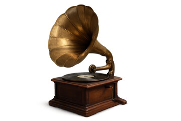 Vintage gramophone with brass horn and wooden base on dark background
