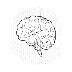 Human brain illustrating the merging of biology with technology. The design features nodes and lines, suggesting AI and neural networks. Link between cognitive function and advanced tech.