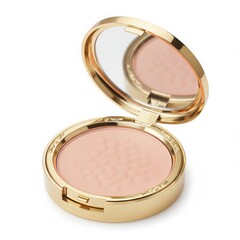 Open face powder compact with mirror isolated on white background