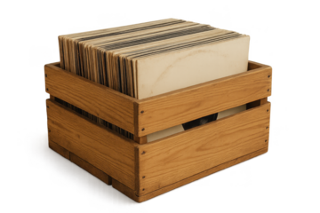 Wooden crate filled with vintage vinyl records on a white background