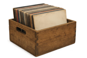 Vintage Wooden Box Filled with Old Vinyl Records Collection