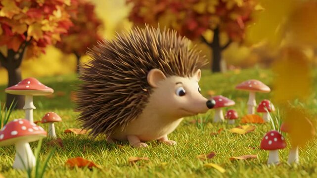 3D cartoon style hedgehog with curious mood speaking and walking through autumn leaves and mushrooms in forest background