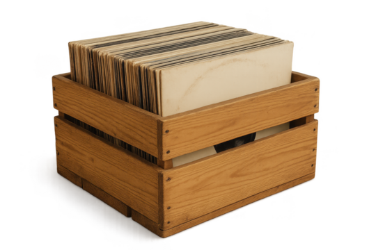Wooden crate filled with vintage vinyl records on a white background