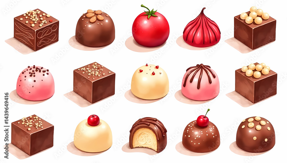 Poster an array of beautifully painted chocolates with assorted shapes and delicious decorative elements.