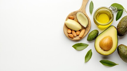 Fresh avocados almonds and avocado oil arranged on a white background with copy space perfect for healthy food cooking or beauty product advertising concepts.
