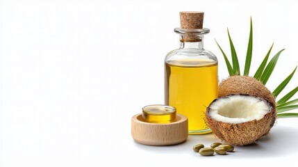 A clear glass bottle of golden coconut oil sits beside halved coconuts and green palm leaves on a bright white background with some capsules.