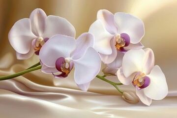 Fototapeta premium Delicate light orchid blossoms on silken fabric.